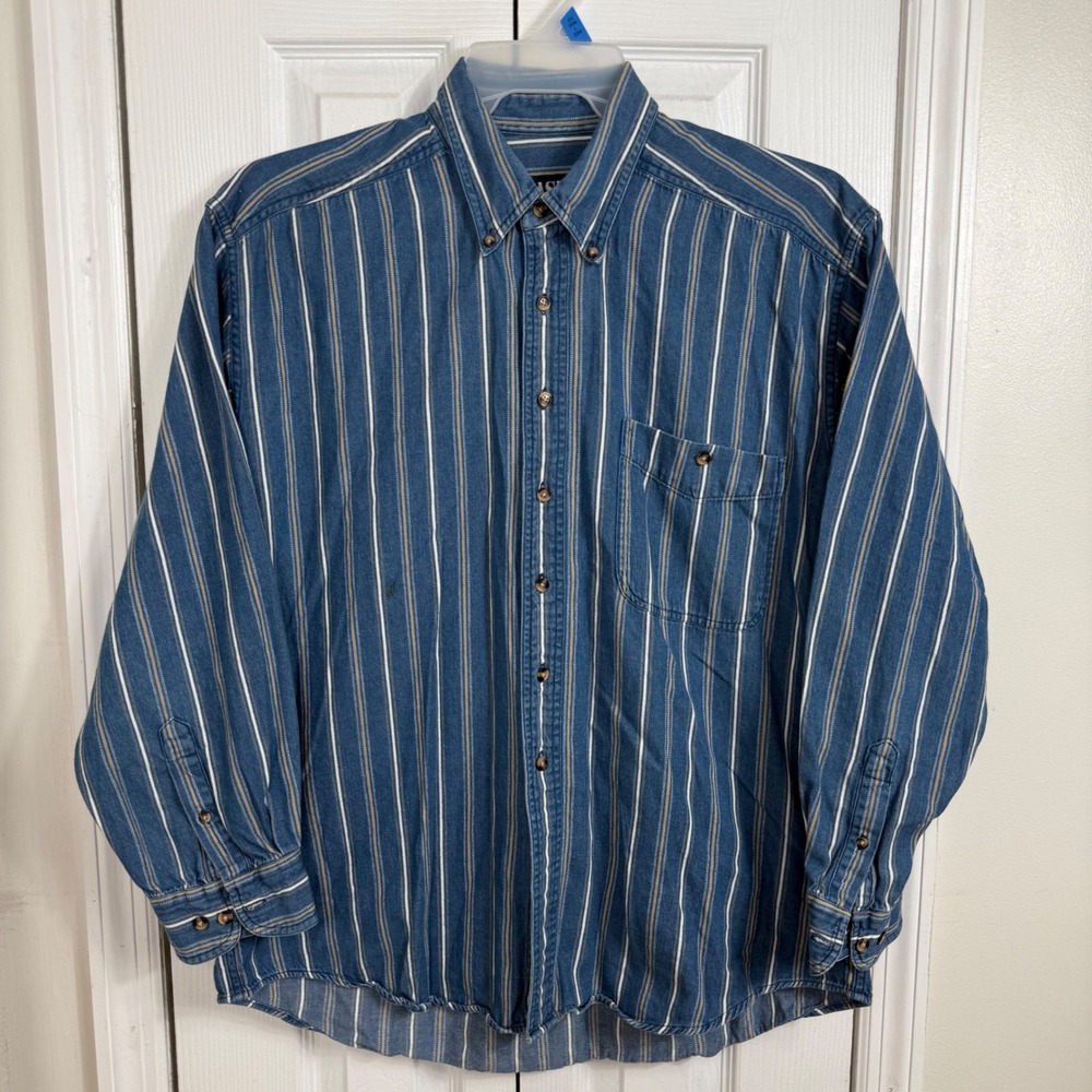 Vintage Basic Options Shirt Mens L Blue Stripe Cotton Western 90s Button Down